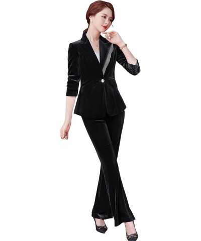 Women's Business Blazer Pant Suit Set for Work Velvet Long Sleeves Suits 90-black $30.55 Suits