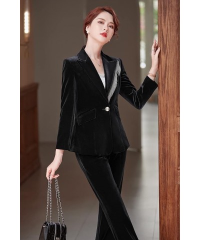 Women's Business Blazer Pant Suit Set for Work Velvet Long Sleeves Suits 90-black $30.55 Suits