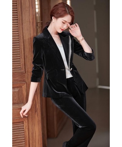 Women's Business Blazer Pant Suit Set for Work Velvet Long Sleeves Suits 90-black $30.55 Suits