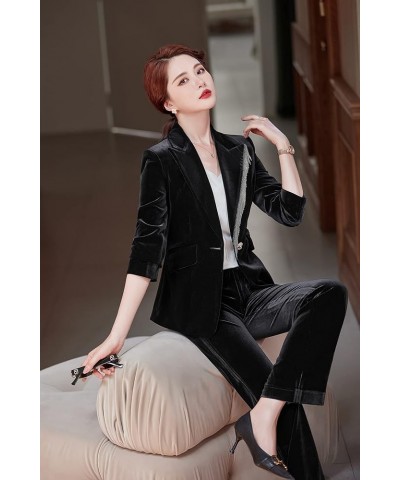 Women's Business Blazer Pant Suit Set for Work Velvet Long Sleeves Suits 90-black $30.55 Suits