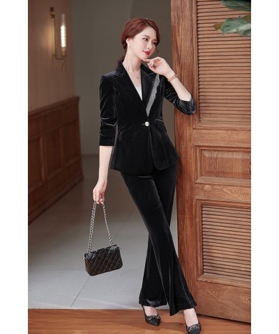 Women's Business Blazer Pant Suit Set for Work Velvet Long Sleeves Suits 90-black $30.55 Suits