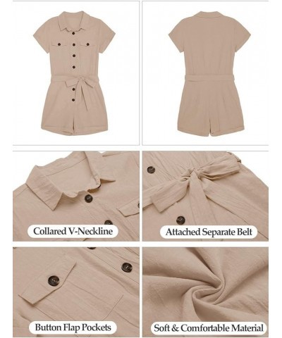 Womens Summer Pockets Belted Romper Button Short Sleeve Jumpsuit Playsuit Beige $21.27 Rompers