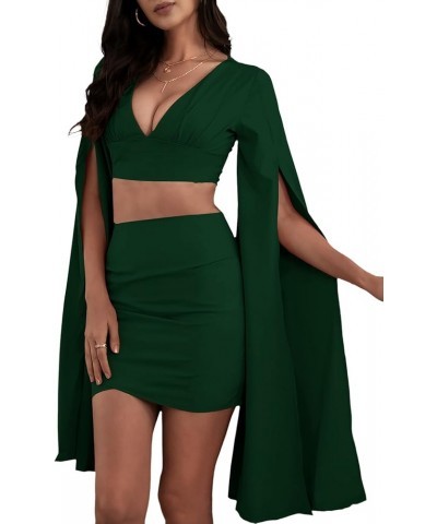 Women's 2 Piece Outfits Cloak Long Sleeve Crop Top and Ruched Mini Skirt Set Green $22.05 Suits