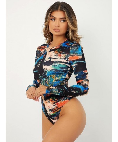 Women's Long Sleeve One Piece Bodysuit Top Letter Print Graffiti Ribbed Knit Thong Leotard Multicolor $16.11 Bodysuits