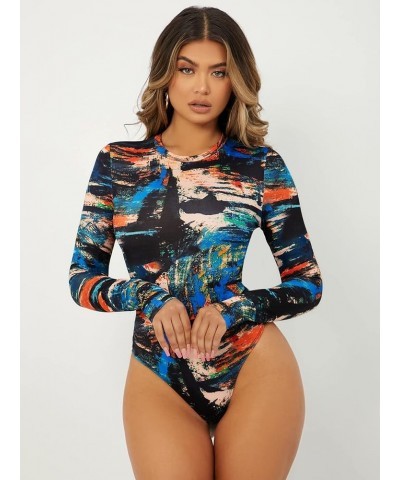 Women's Long Sleeve One Piece Bodysuit Top Letter Print Graffiti Ribbed Knit Thong Leotard Multicolor $16.11 Bodysuits