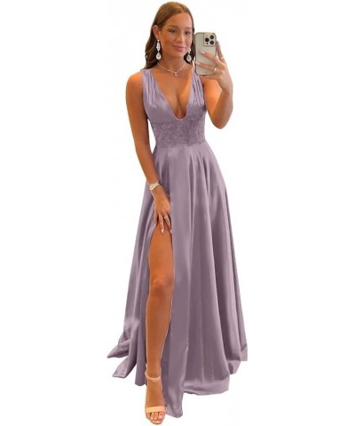 Women's V Neck Applique Prom Dresses with Slit Satin Backless Formal Dresses Evening Gowns with Pockets Wisteria $32.76 Dresses