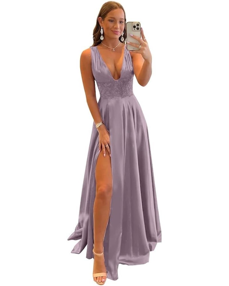 Women's V Neck Applique Prom Dresses with Slit Satin Backless Formal Dresses Evening Gowns with Pockets Wisteria $32.76 Dresses