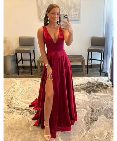 Women's V Neck Applique Prom Dresses with Slit Satin Backless Formal Dresses Evening Gowns with Pockets Wisteria $32.76 Dresses