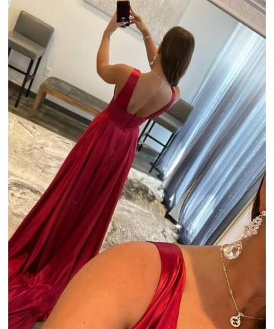 Women's V Neck Applique Prom Dresses with Slit Satin Backless Formal Dresses Evening Gowns with Pockets Wisteria $32.76 Dresses