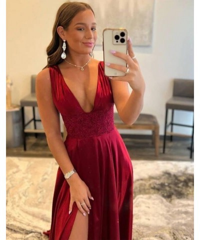 Women's V Neck Applique Prom Dresses with Slit Satin Backless Formal Dresses Evening Gowns with Pockets Wisteria $32.76 Dresses