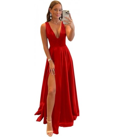 Women's V Neck Applique Prom Dresses with Slit Satin Backless Formal Dresses Evening Gowns with Pockets Wisteria $32.76 Dresses