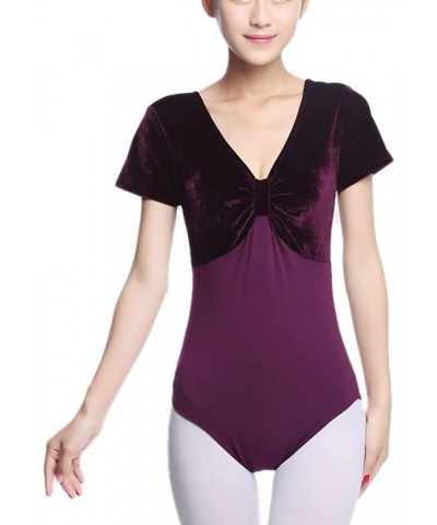 Women's Velvet Short Sleeve Leotard Bodysuit with A Gathered Bow Design Front Purple $13.25 Bodysuits