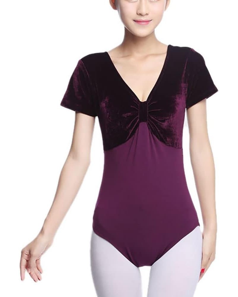 Women's Velvet Short Sleeve Leotard Bodysuit with A Gathered Bow Design Front Purple $13.25 Bodysuits