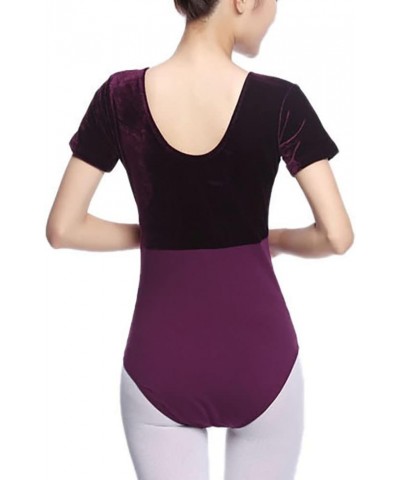 Women's Velvet Short Sleeve Leotard Bodysuit with A Gathered Bow Design Front Purple $13.25 Bodysuits