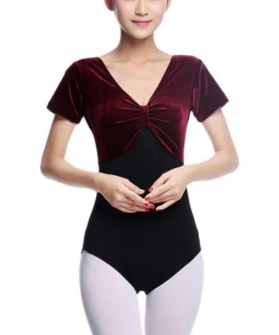 Women's Velvet Short Sleeve Leotard Bodysuit with A Gathered Bow Design Front Purple $13.25 Bodysuits