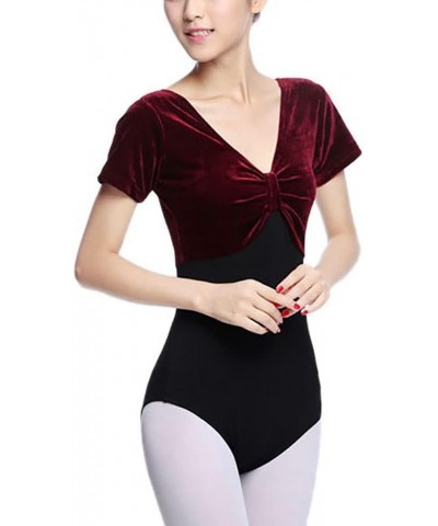 Women's Velvet Short Sleeve Leotard Bodysuit with A Gathered Bow Design Front Purple $13.25 Bodysuits