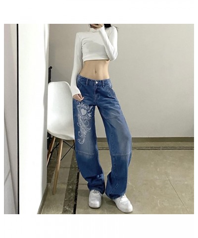 Harajuku Aesthetic Y2K Low Rise Jeans Hippie Cargo Pockets Pants Graphic Print Wide Leg Straight Trousers Streetwear Blue $16...