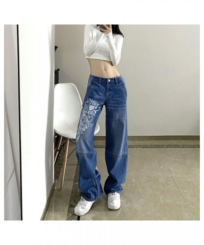 Harajuku Aesthetic Y2K Low Rise Jeans Hippie Cargo Pockets Pants Graphic Print Wide Leg Straight Trousers Streetwear Blue $16...