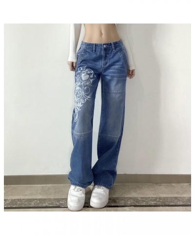 Harajuku Aesthetic Y2K Low Rise Jeans Hippie Cargo Pockets Pants Graphic Print Wide Leg Straight Trousers Streetwear Blue $16...