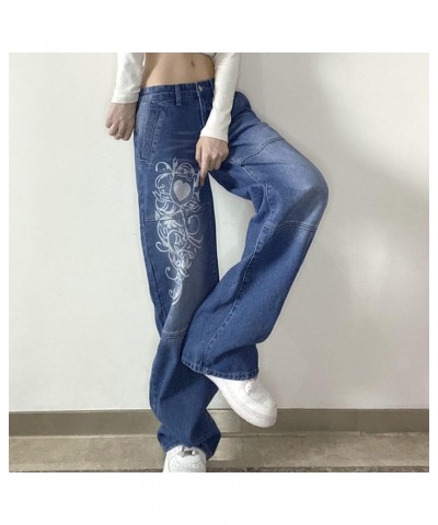 Harajuku Aesthetic Y2K Low Rise Jeans Hippie Cargo Pockets Pants Graphic Print Wide Leg Straight Trousers Streetwear Blue $16...