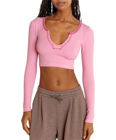 Women Long Sleeve V Neck Crop Top Ribbed Slim Fitted Y2K Tops Basic Knit T-Shirt Streetwear Pink $11.20 T-Shirts
