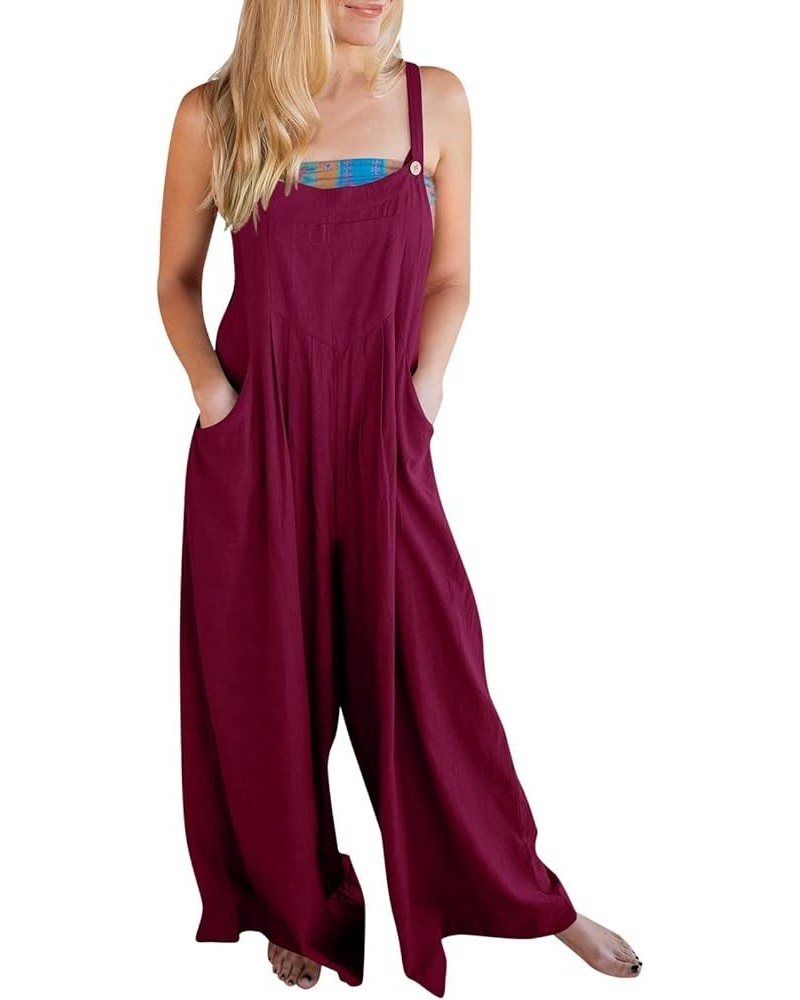 Women's Rompers Summer Casual Solid Color Loose Retro Cotton Linen Overalls Jumpsuit Jumpsuits 1-wine $10.61 Overalls