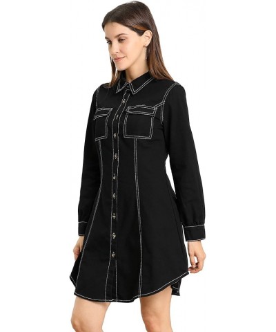 Women's Denim Tunic Dress Long Sleeve Curved Hem Button Down Shirtdress Black $17.40 Blouses