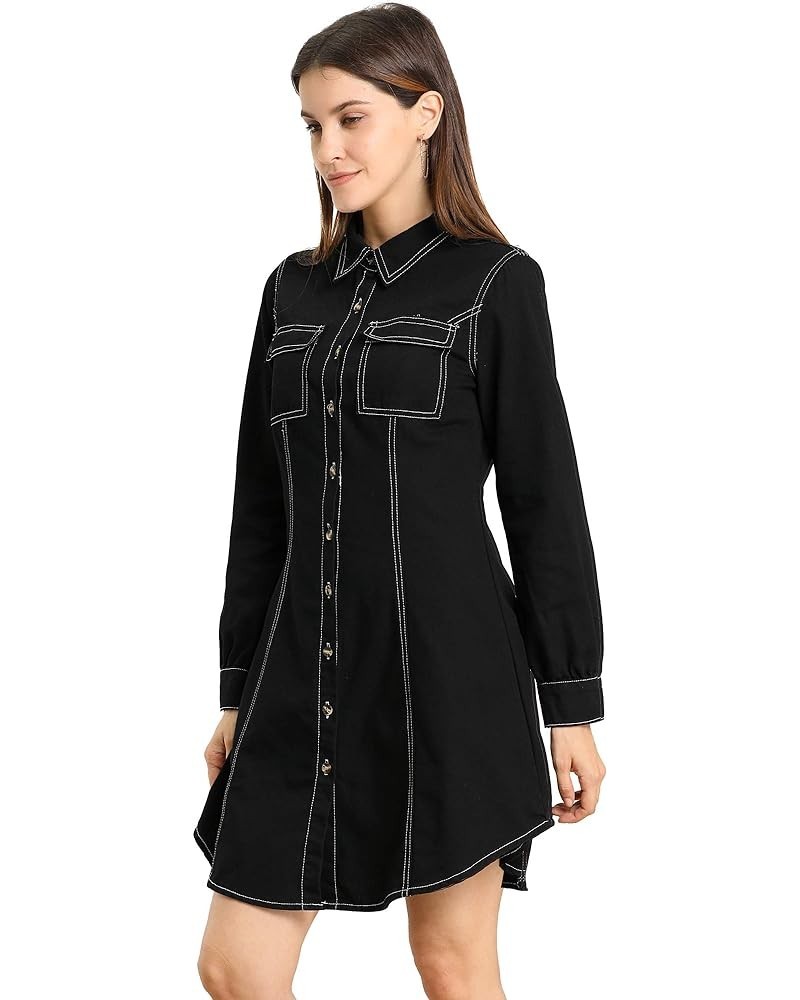 Women's Denim Tunic Dress Long Sleeve Curved Hem Button Down Shirtdress Black $17.40 Blouses