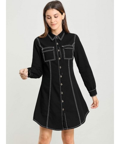 Women's Denim Tunic Dress Long Sleeve Curved Hem Button Down Shirtdress Black $17.40 Blouses