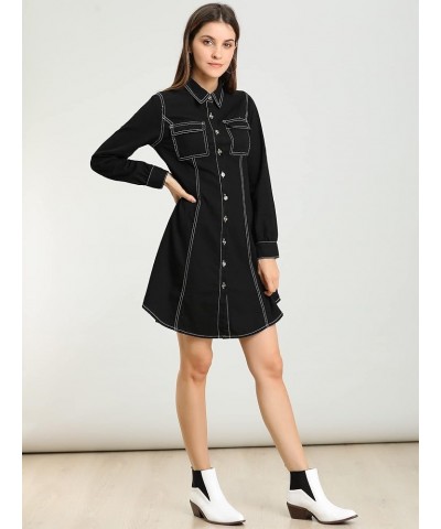 Women's Denim Tunic Dress Long Sleeve Curved Hem Button Down Shirtdress Black $17.40 Blouses