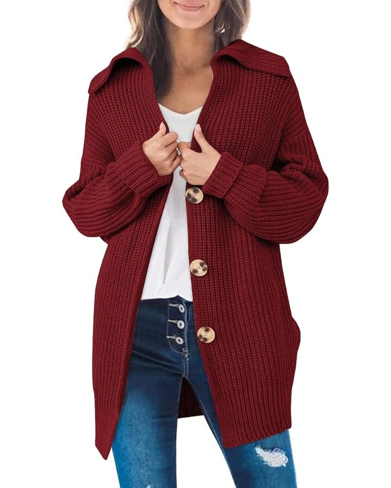 Womens Fall 2022 Long Sleeve Slouchy Soft Cable Knit Cardigan Open Front Button Chunky Sweater Coat Outerwear Wine Red $29.63...