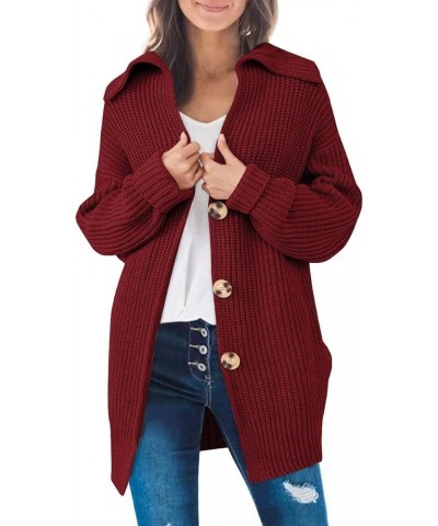 Womens Fall 2022 Long Sleeve Slouchy Soft Cable Knit Cardigan Open Front Button Chunky Sweater Coat Outerwear Wine Red $29.63...