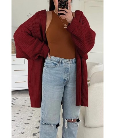 Womens Fall 2022 Long Sleeve Slouchy Soft Cable Knit Cardigan Open Front Button Chunky Sweater Coat Outerwear Wine Red $29.63...