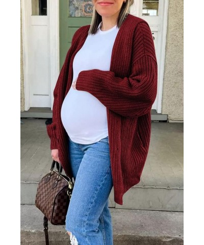 Womens Fall 2022 Long Sleeve Slouchy Soft Cable Knit Cardigan Open Front Button Chunky Sweater Coat Outerwear Wine Red $29.63...