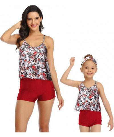 Mommy and Me Halter Ruffle Swimsuit Leaf Printed High Waisted Adjustable Straps Family Matching Bikini Set Floral Red $11.28 ...