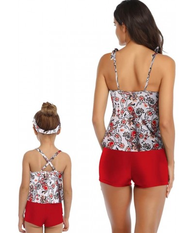 Mommy and Me Halter Ruffle Swimsuit Leaf Printed High Waisted Adjustable Straps Family Matching Bikini Set Floral Red $11.28 ...