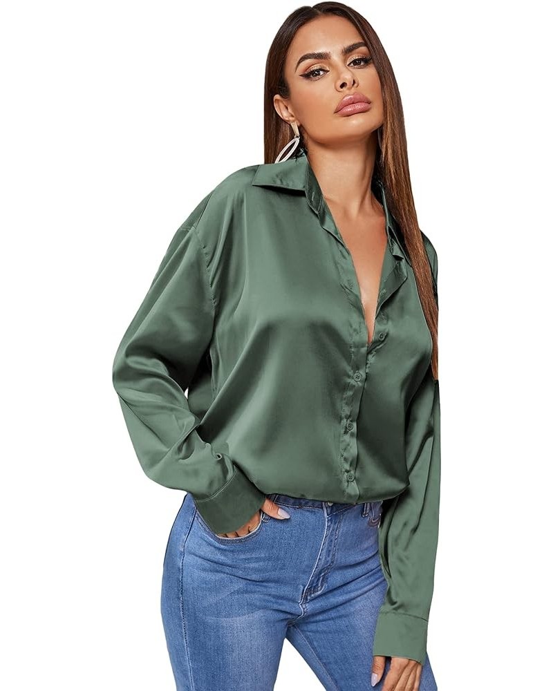 Women's Satin Silk Long Sleeve Button Down Shirt Office Work Blouse Top Pure Green Satin Silk $14.24 Blouses