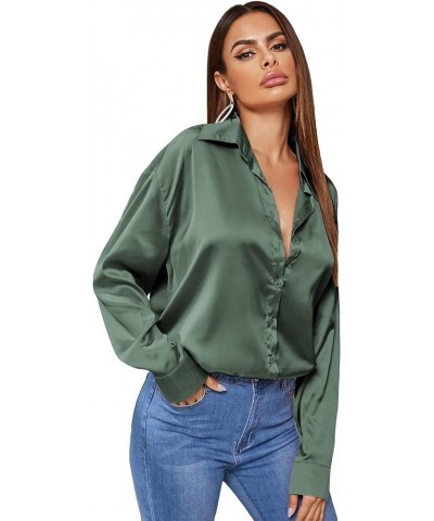 Women's Satin Silk Long Sleeve Button Down Shirt Office Work Blouse Top Pure Green Satin Silk $14.24 Blouses