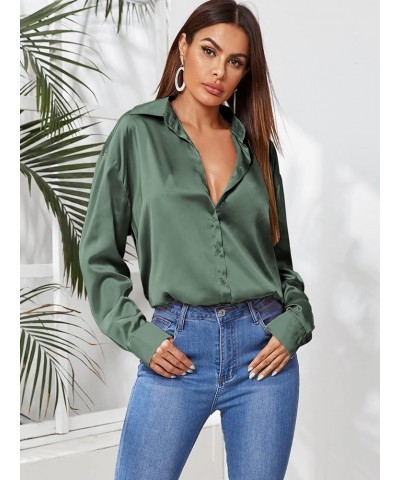 Women's Satin Silk Long Sleeve Button Down Shirt Office Work Blouse Top Pure Green Satin Silk $14.24 Blouses