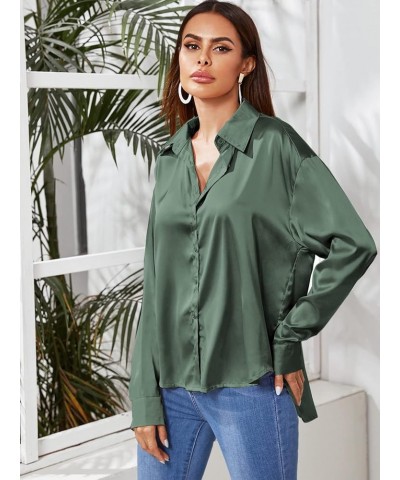 Women's Satin Silk Long Sleeve Button Down Shirt Office Work Blouse Top Pure Green Satin Silk $14.24 Blouses