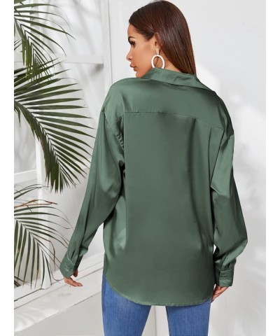 Women's Satin Silk Long Sleeve Button Down Shirt Office Work Blouse Top Pure Green Satin Silk $14.24 Blouses