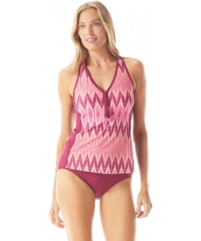 Erinna Racerback Zip Front Tankini Top — Athletic UPF 50+ V-Neck Swim Top Desert Stripe 601 Summer Fig $34.44 Swimsuits