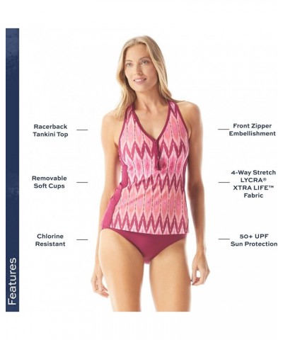 Erinna Racerback Zip Front Tankini Top — Athletic UPF 50+ V-Neck Swim Top Desert Stripe 601 Summer Fig $34.44 Swimsuits