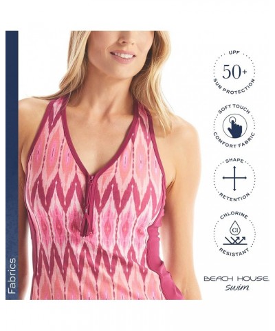 Erinna Racerback Zip Front Tankini Top — Athletic UPF 50+ V-Neck Swim Top Desert Stripe 601 Summer Fig $34.44 Swimsuits