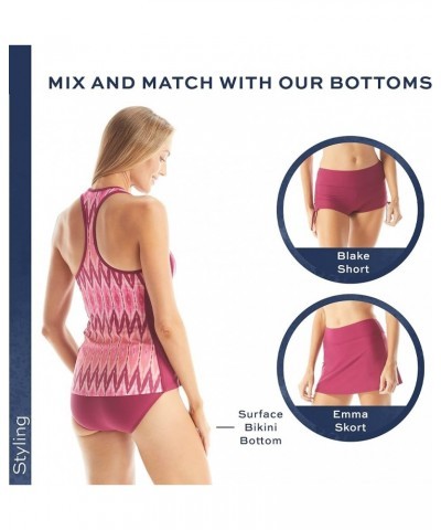 Erinna Racerback Zip Front Tankini Top — Athletic UPF 50+ V-Neck Swim Top Desert Stripe 601 Summer Fig $34.44 Swimsuits