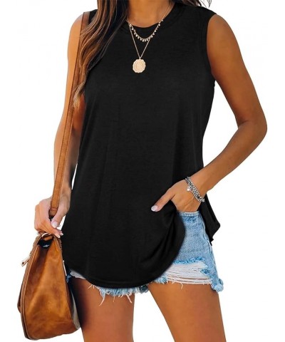 Women's Tank Tops Loose Fit Crew Neck Sleeveless Summer Top Shirts Side Split Tunic 01 Black $8.36 Tanks