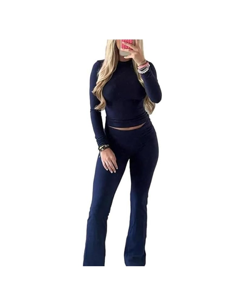 Cotton Lounge Sets for Women 2 Piece Cozy Tops Slim Fit Long Pants Solid Color Pajamas Outfits Long Sleeve Navy Blue $8.15 Sl...