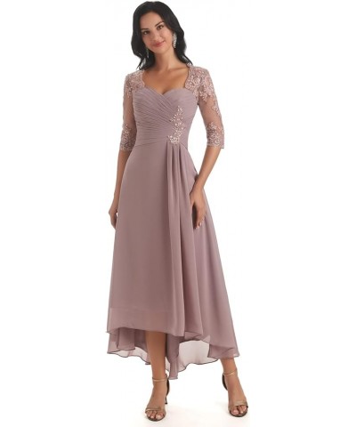 Chiffon Lace Mother of The Bride Dresses for Wedding Tea Length High Low Evening Gown with Sleeves Desert Rose $43.70 Dresses