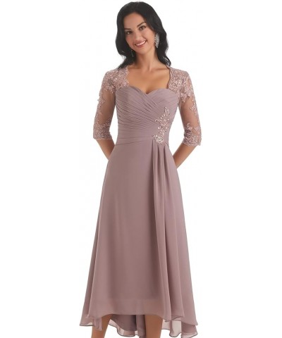 Chiffon Lace Mother of The Bride Dresses for Wedding Tea Length High Low Evening Gown with Sleeves Desert Rose $43.70 Dresses