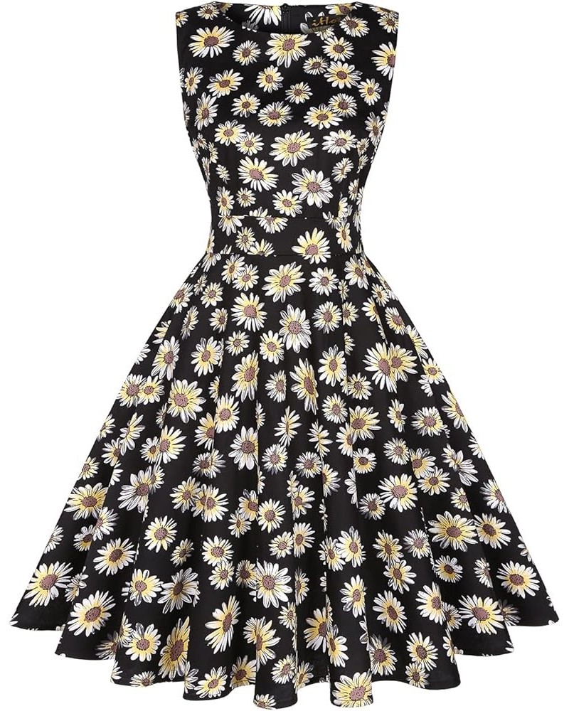 Vintage Tea Dress 1950's Floral Flare Casual Garden Retro Swing Party Cocktail Dress for Women 1-black-yellow-floral $13.44 D...